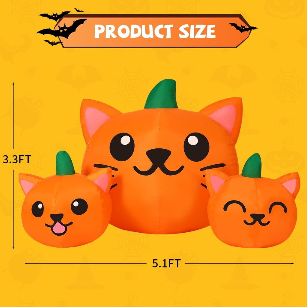 Witchwood™ COMIN Halloween Inflatable 5 FT Long Three Pumpkin Cat Head Combo with Built-in LEDs, Blow Up Yard Decoration for Holiday Party Indoor, Outdoor, Yard, Garden, Lawn