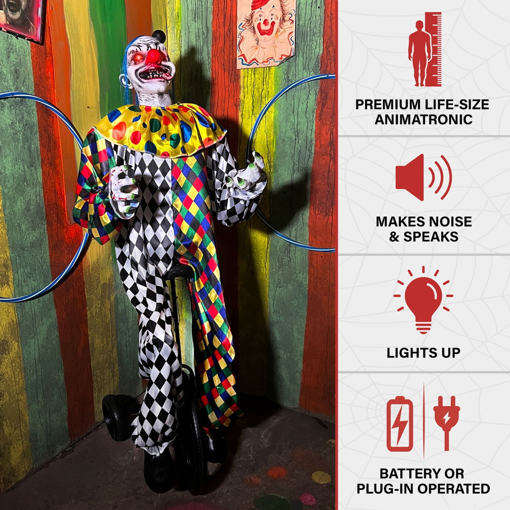 Witchwood™ 5.9 ft Voice & Sound-Sensor Clown on Tricycle Halloween Animatronic, HHTRIBKCLOWN-1FLSA