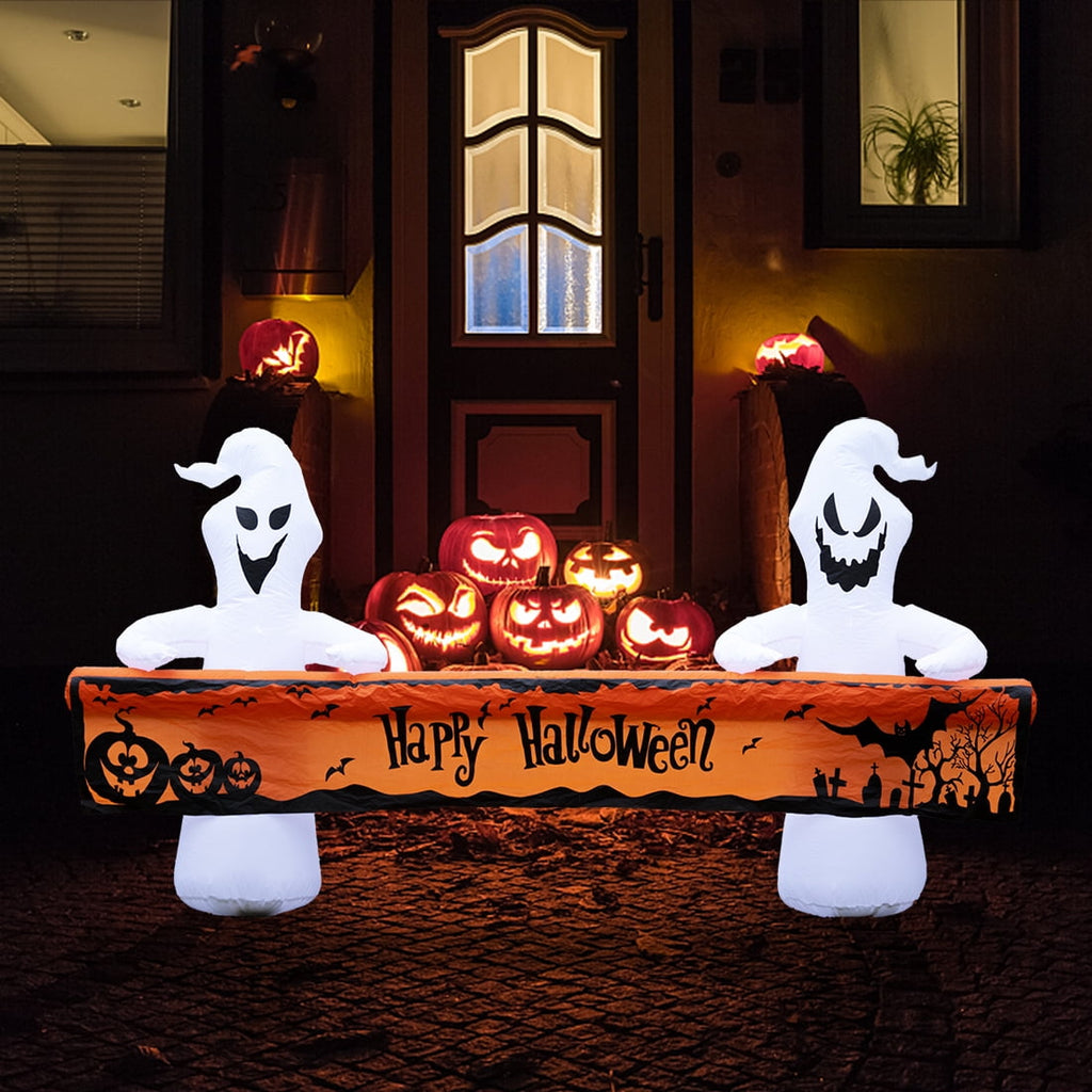 Witchwood™ Large Hallowee Inflatable-8FT White Ghosts with Orange Banner Print ?Happy Halloween? LED Lights Outdoor Halloween Decorations Blow Up Decoration for Halloween Party, Yard, Garden, Lawn