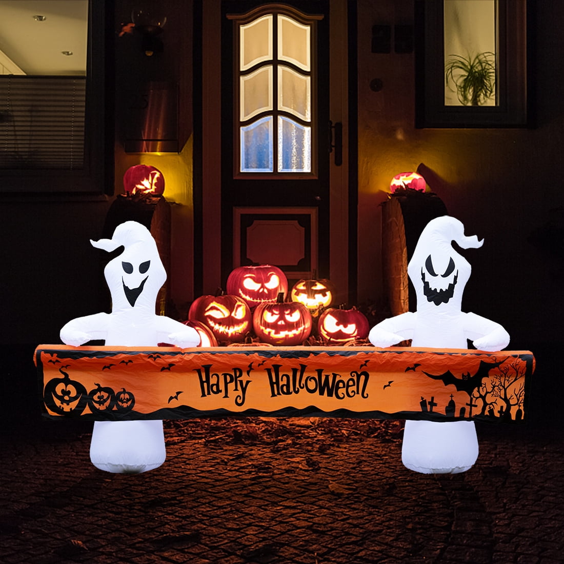 Witchwood™ Large Hallowee Inflatable-8FT White Ghosts with Orange Banner Print ?Happy Halloween? LED Lights Outdoor Halloween Decorations Blow Up Decoration for Halloween Party, Yard, Garden, Lawn