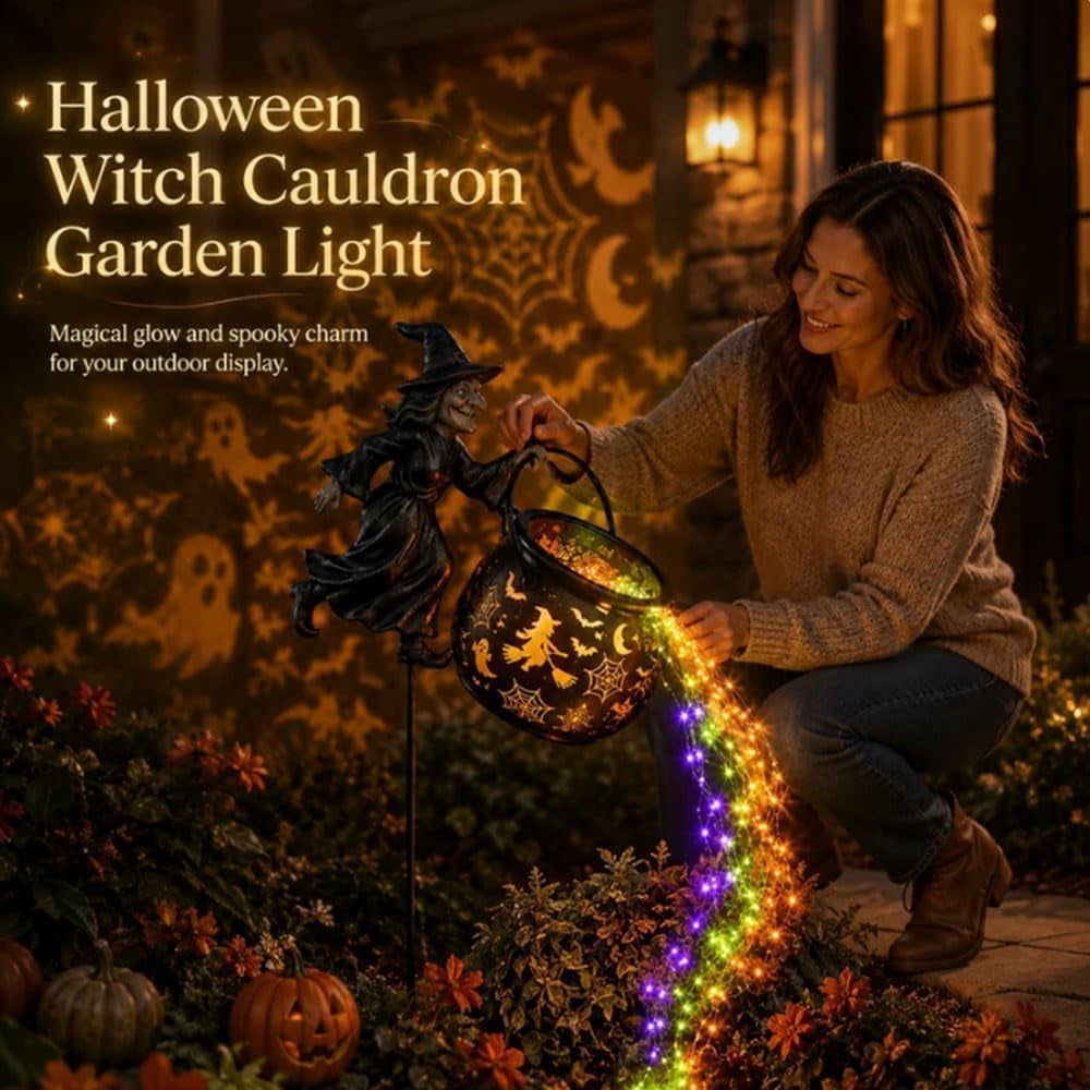 Witchwood™ Halloween Witch Cauldron Garden Light, Waterfall-Style Enchanted Witch Cauldron Garden Decoration, Halloween LED Projector Lights Decorations Outdoor with Stake for Yard Lawn Porch Party