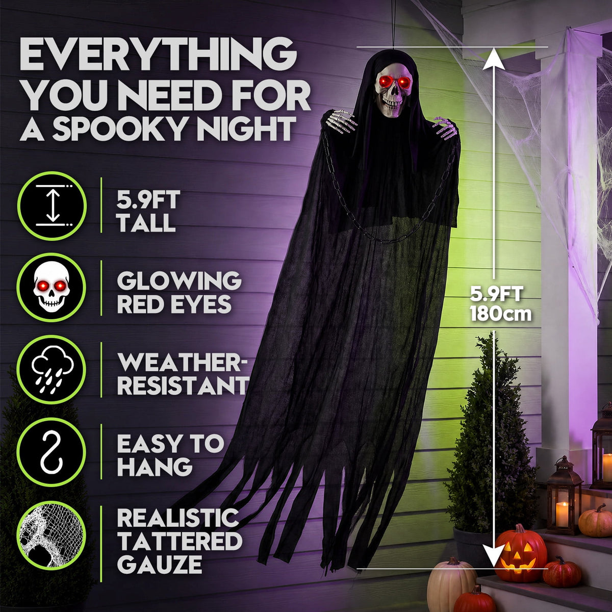 Witchwood™ Halloween Grim Reaper 6ft Hanging Ghost Skeleton Decorations, Spooky Halloween Decor for Yard Haunted House Party Outdoor