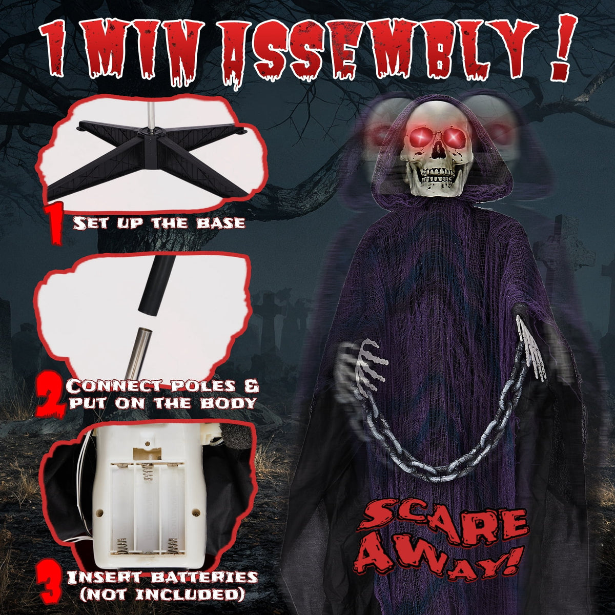 Witchwood™ 6' Halloween Decorations Animatronics Grim Reaper, Sound-Actived Party Deco for Garden Yard Lawn