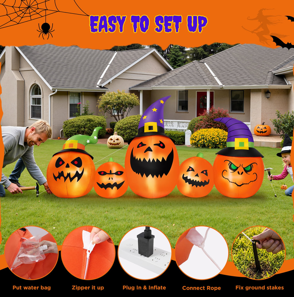Witchwood™ (2 pack) 8FT Halloween Inflatable Pumpkins Blow ups Outdoor Decorations, Five Pumpkins with LED Lights for Party Yard