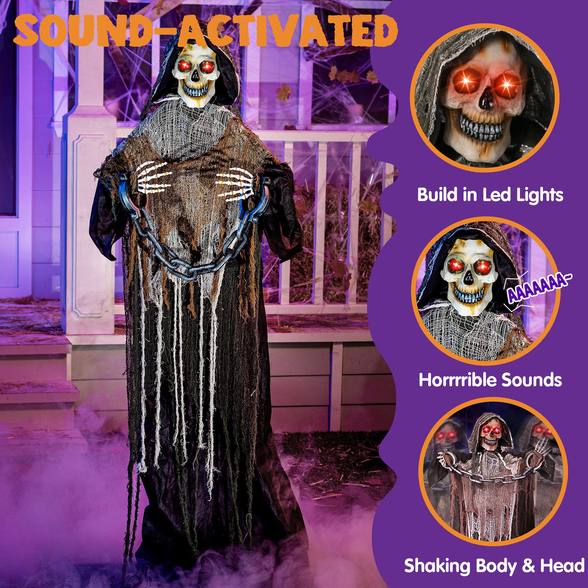 Witchwood™ 67" Standing Grim Reaper with Chain, Large Halloween Decorations Outdoor, Life Size Animatronics Skelton, Sound-Actived Party Decor with Creepy Sound & LED Eyes, Scary Haunted House Props