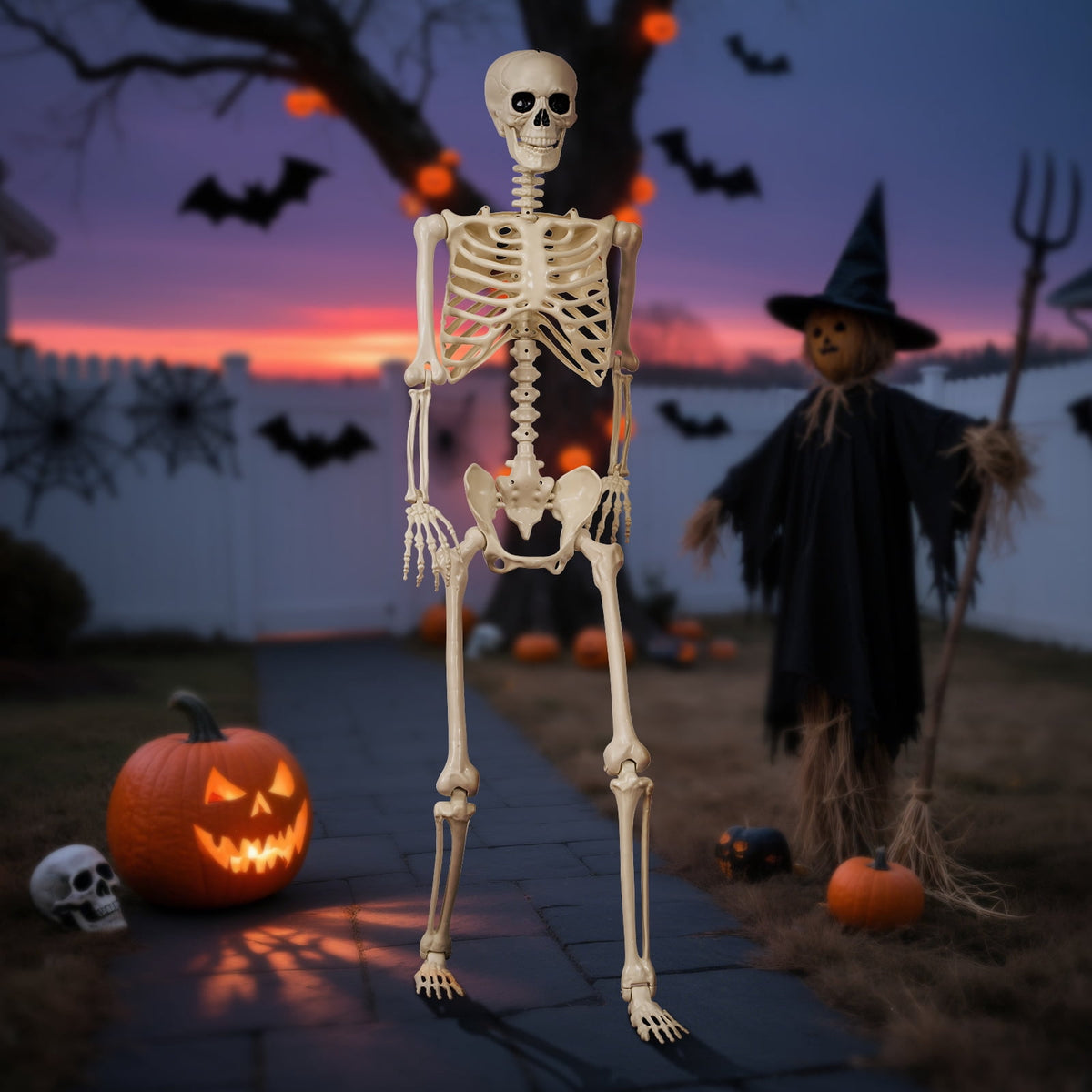 Witchwood™ 5.4 ft Halloween skeleton decoration, with movable joints, flexible skeleton for poses, scary skeleton suitable for indoor and outdoor Halloween decorations, haunted houses, courtyards, cemeteries.