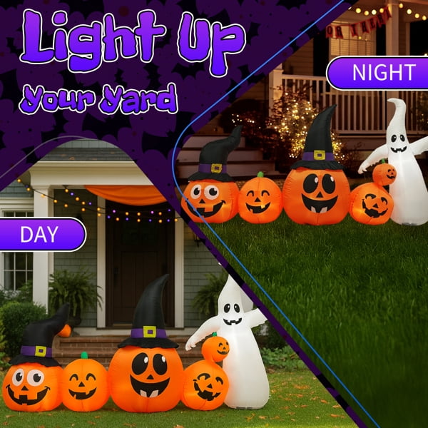 Witchwood™ 8FT Halloween Inflatable Pumpkin Ghost Scene, 5 Total LEDs, Waterproof Polyester, Quick Inflation with Stakes/Ropes for Yard/Garden/Indoor