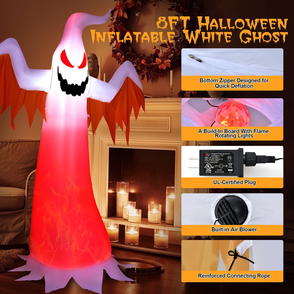 Witchwood™ Costway 8 FT Halloween Inflatable White Ghost with Rotatable Flame LED Lights