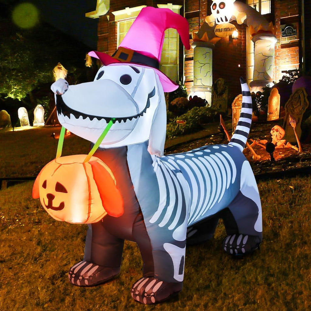 Witchwood™ Halloween Inflatables 5.7 FT Halloween Skeleton Dog Inflatable, Halloween Skeleton Puppy Inflatable with Build-in LEDs, Outdoor Halloween Decorations Clearance for Halloween Holiday Party
