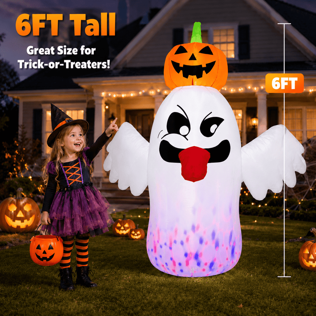Witchwood™ 6FT Halloween Inflatable Ghost with Pumpkin Head, Light-Up Blow Up Outdoor Yard Decoration with White and RGB LED Lights