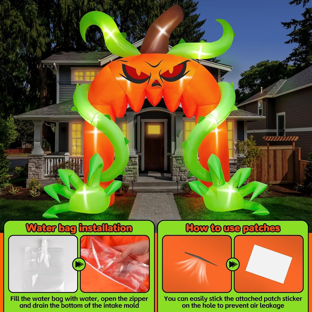 Witchwood™ 12FT Giant Halloween Pumpkin Arch Inflatable with LED Lights, Scary Blow-Up Decoration for Lawn, Garden, and Yard Holiday Party