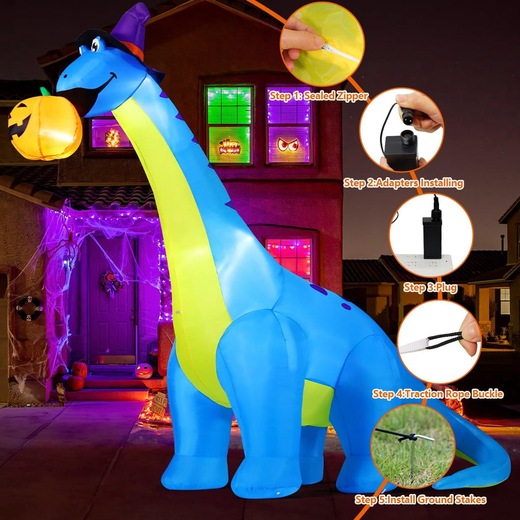 Witchwood™ COMIN Halloween Inflatables 10 FT Tall Dinosaurs Eating Pumpkin Blow Up Yard Decoration with Built-in LED for Yard Garden Party Lawn