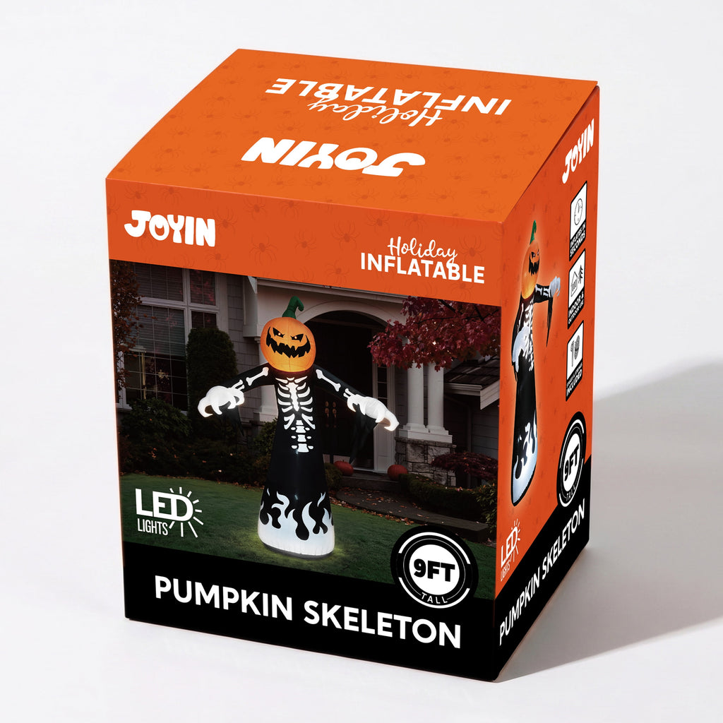 Witchwood™ 9 ft Halloween Inflatables Pumpkin Skeleton Decorations with Built-in LED Lights,Large Blow Up Decoration for Yard Lawn Garden Indoor Outdoor, Pumpkin Skeleton Inflatable Decoration