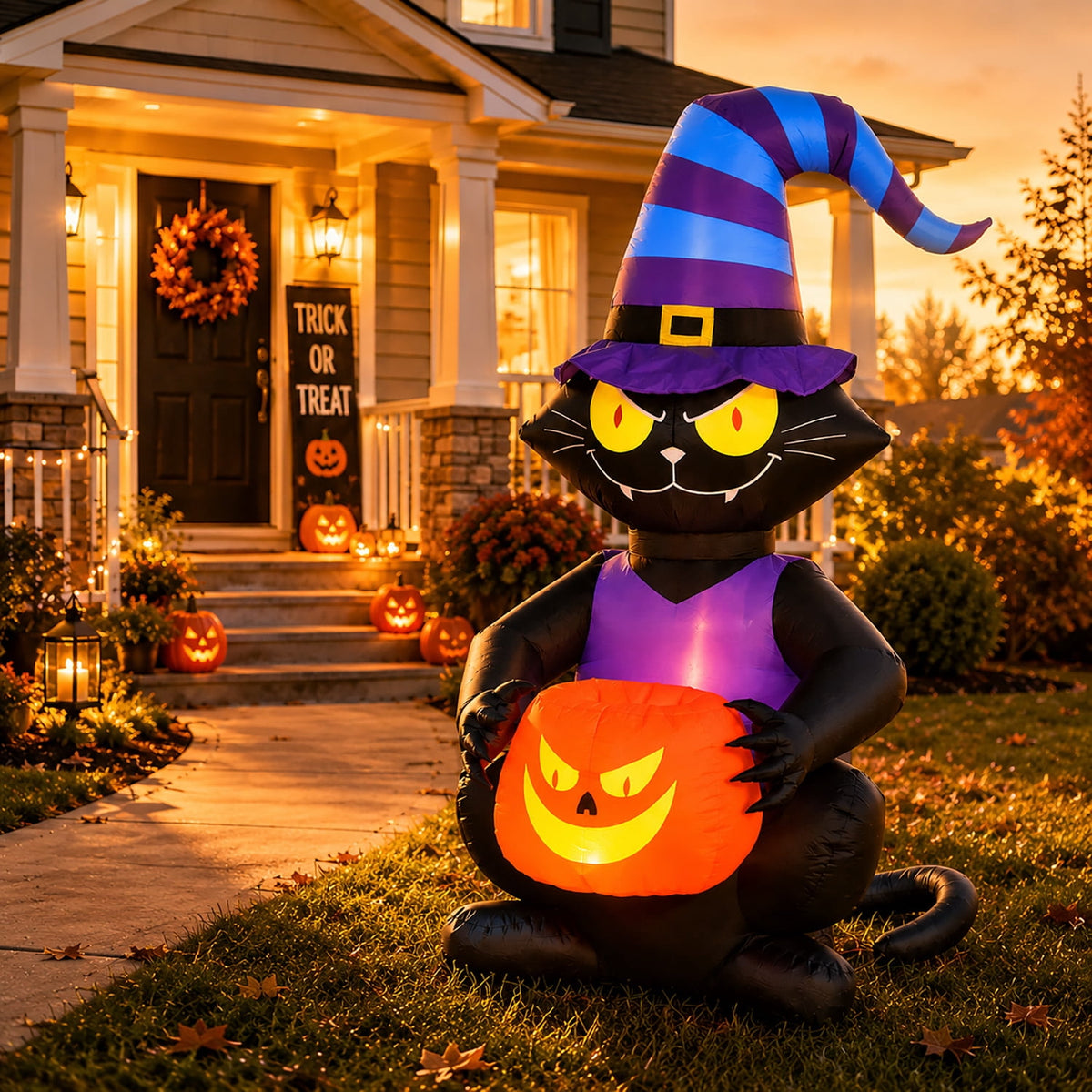 Witchwood™ Toiyjofe 6ft Halloween Inflatable Black Cat with Jack-o'-Lantern & LED Lights, Trick-or-Treat Yard Decoration with Witch Hat for Outdoor Lawn & Porch