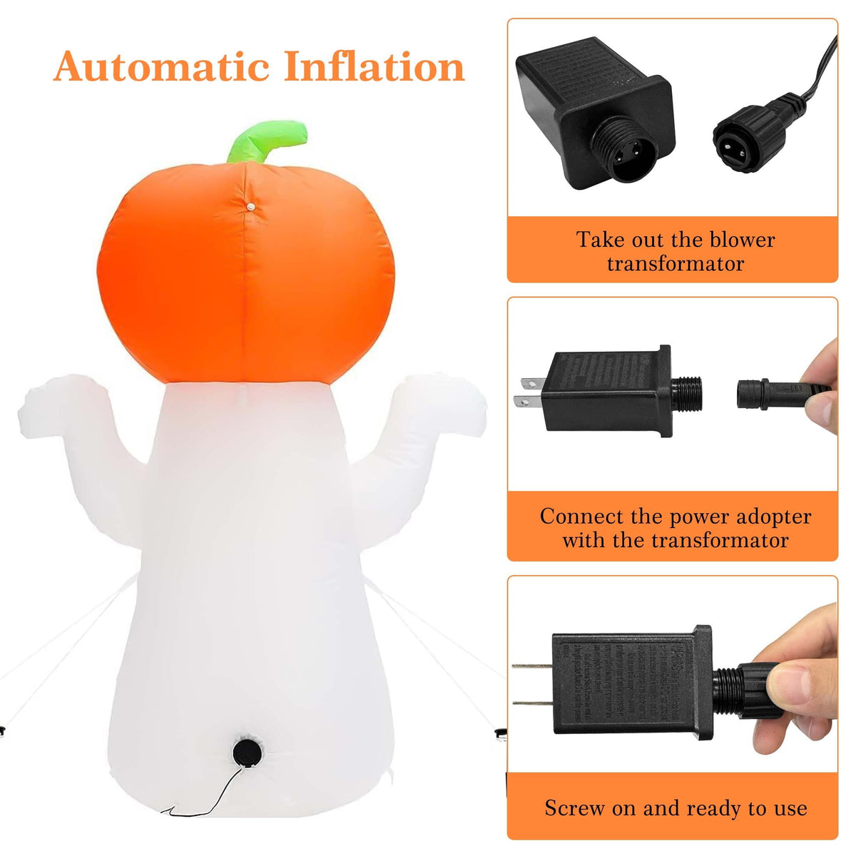 Witchwood™ 5Ft Halloween Inflatable Pumpkin Ghost with 360° Rotating Colorful LED Lights, Cute Indoor/Outdoor Decor for Party, Yard, Lawn