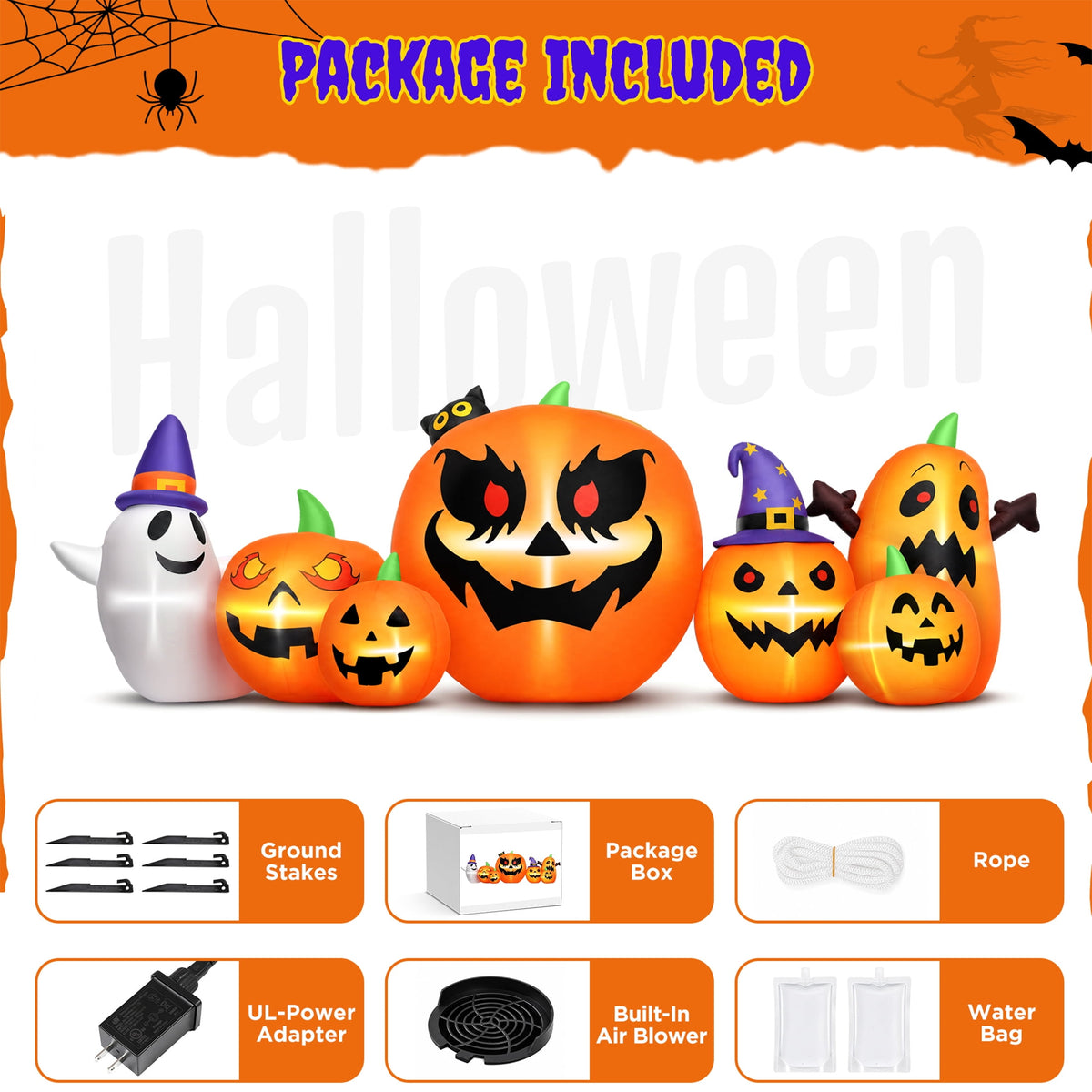 Witchwood™ 7.9FT Halloween Inflatable Pumpkin Ghost with Lights, Halloween Blow Ups Outdoor Decoration for Home Party