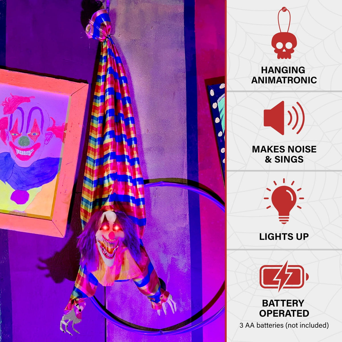 Witchwood™ 47 in Animatronic Hanging Upside Down Clown with Lights and Sound, Halloween Decoration, HHCLOWN-39HLSA