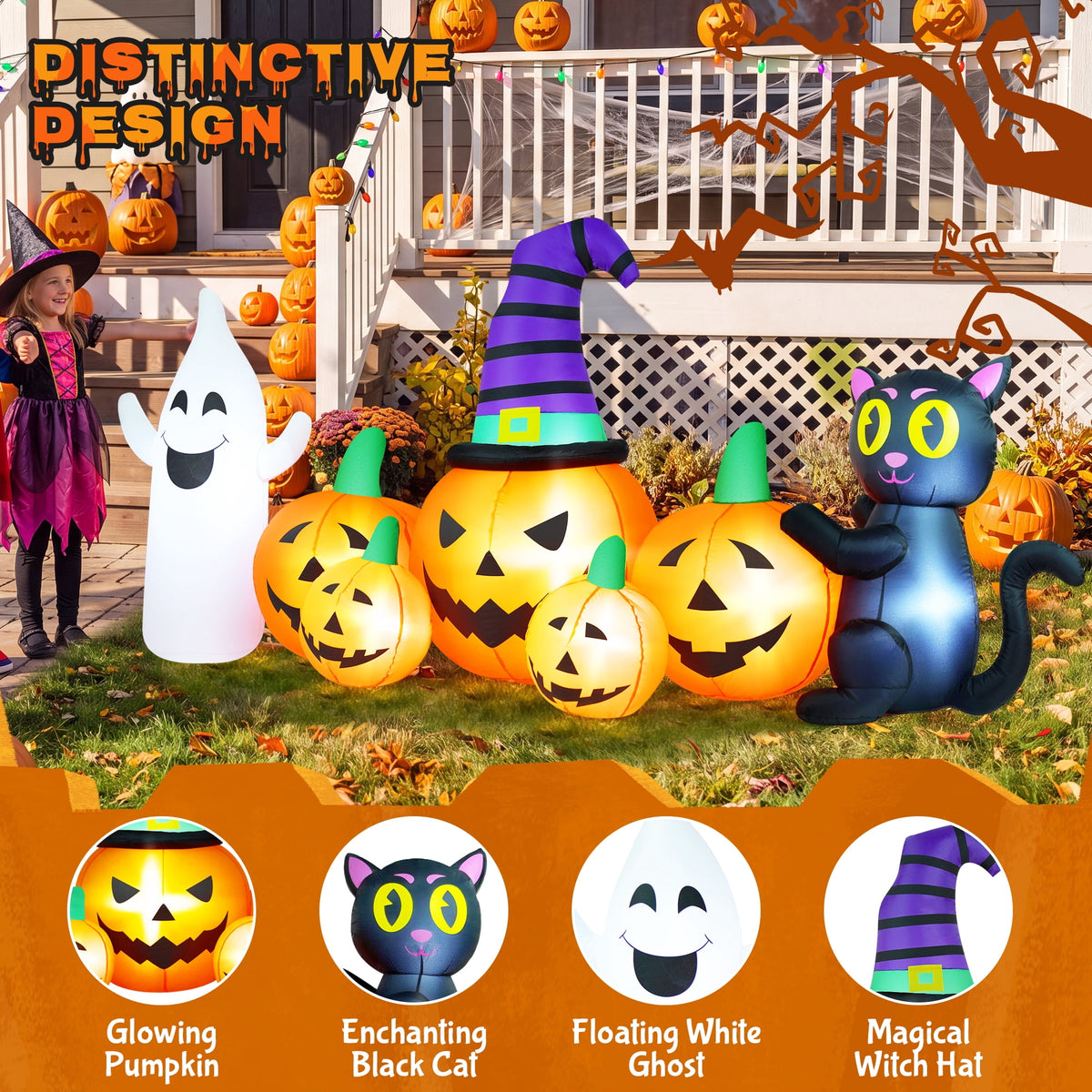 Witchwood™ 8FT Long Halloween Inflatable Pumpkin with Ghost and Black Cat,Outdoor Halloween Decoration with LED Lights for Yard Lawn Garden Porch Party Decor