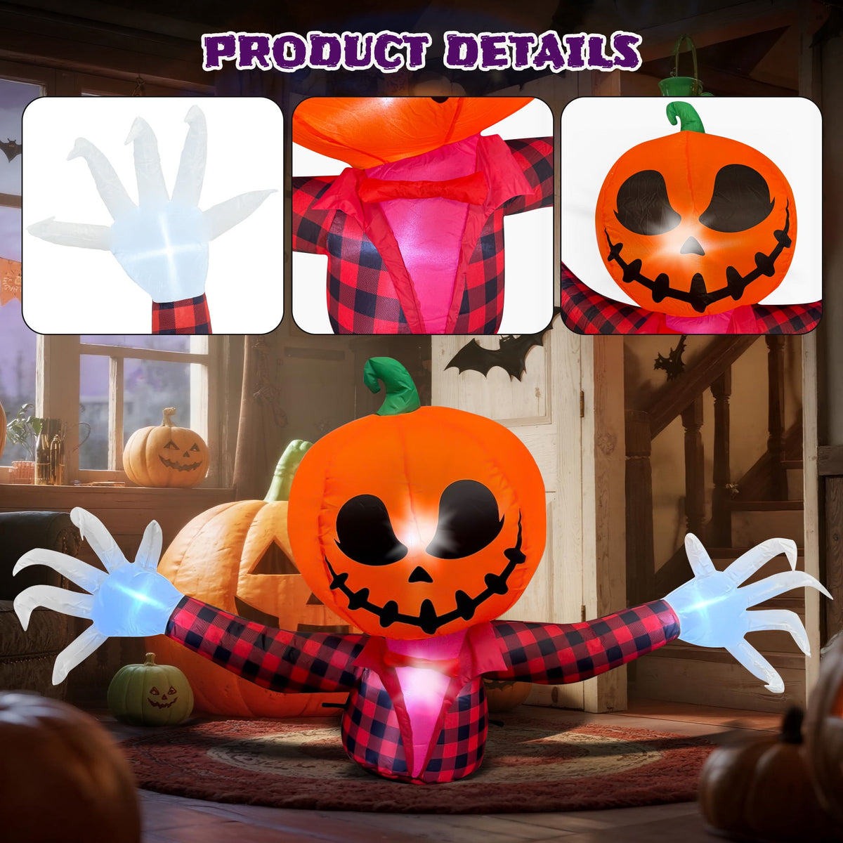 Witchwood™ 5 FT Halloween Inflatable Pumpkin Ghost ? Outdoor LED Blow-Up Decoration with Giant Arms, Light-Up Eyes, Waterproof Yard Decor for Lawn and Garden
