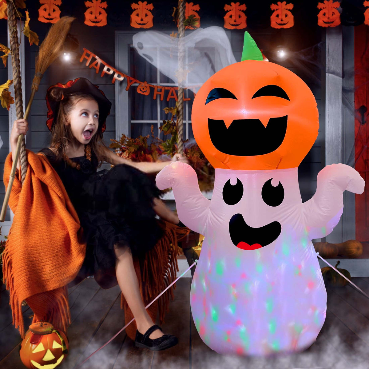 Witchwood™ 5Ft Halloween Inflatable Pumpkin Ghost with 360° Rotating Colorful LED Lights, Cute Indoor/Outdoor Decor for Party, Yard, Lawn