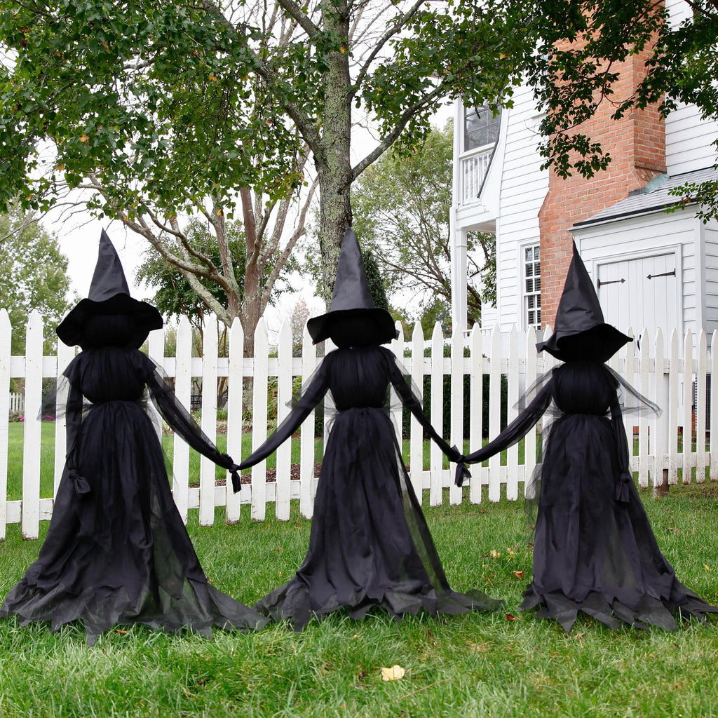 Witchwood™ Evergreen Set of 3 LED Lighted Halloween Witch Stakes, 4' Tall for Garden Lawn or Patio
