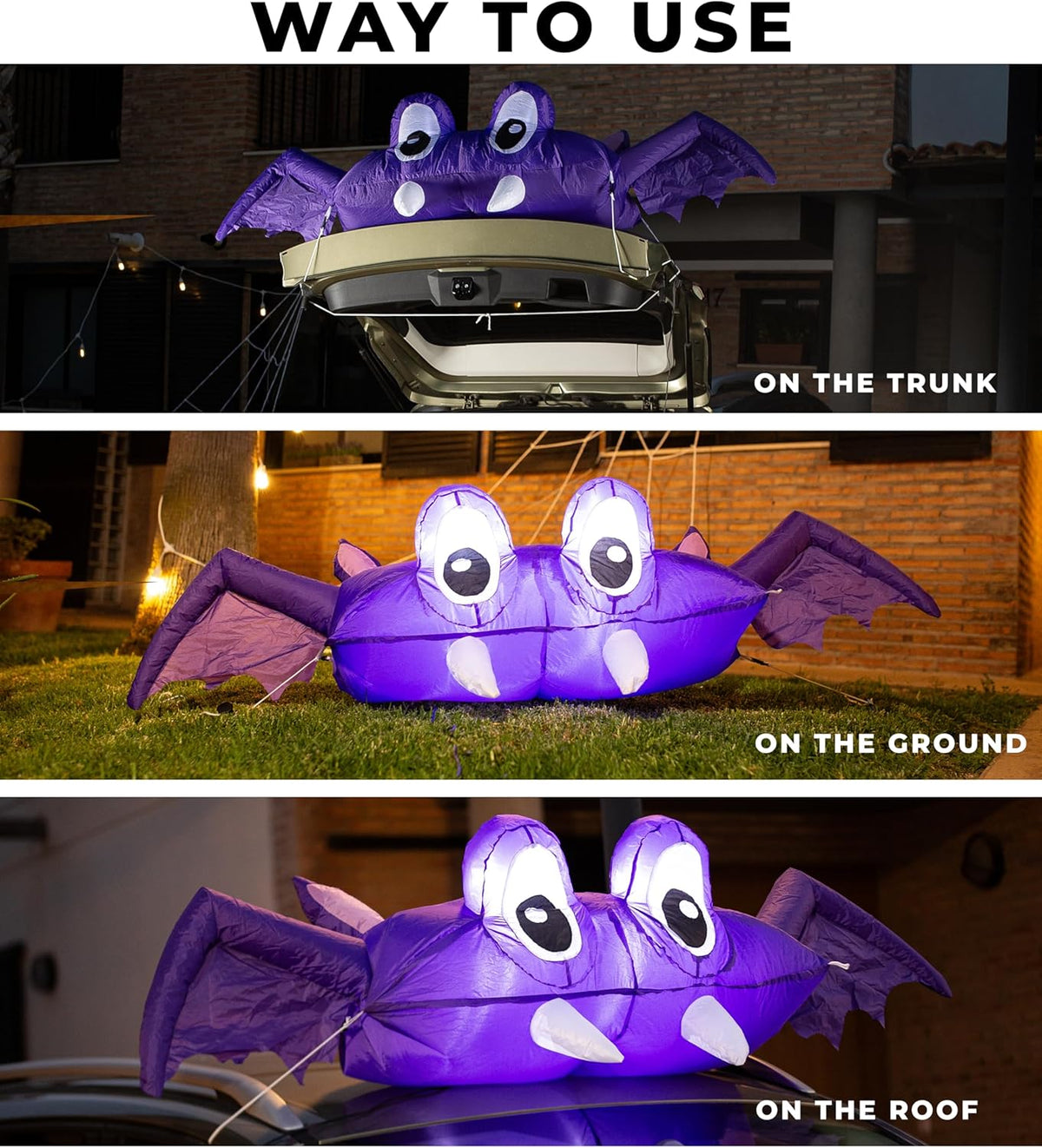 Witchwood™ Zone Tech 6 FT Inflatable Bat Car Trunk Decor with Built-in LEDs, Blow Up Decoration for Halloween (1-Pack)