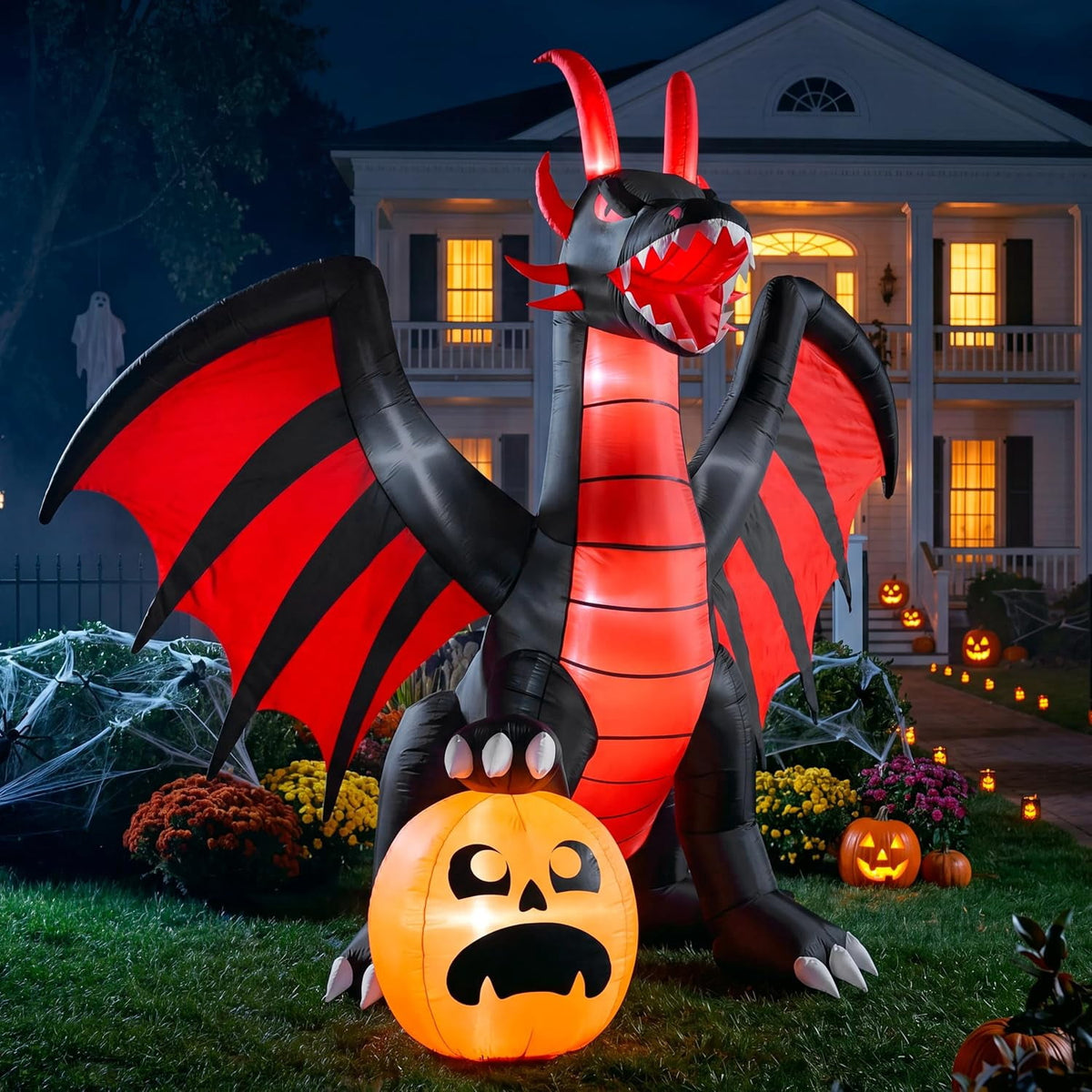 Witchwood™ 8 ft Halloween Inflatable Fire Dragon with Pumpkin,Animated Moving Mouth & Internal LED Lights,Blow Up Yard Decor Outdoor Lawn Garden Indoor Porch Patio Spooky Halloween Decoration