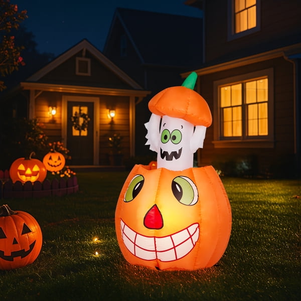 Witchwood™ 2.8FT Halloween Inflatable Animated Pumpkin Ghost, 2 White LED Lights, Weather-Resistant Polyester, for Small Spaces/Accent Decor