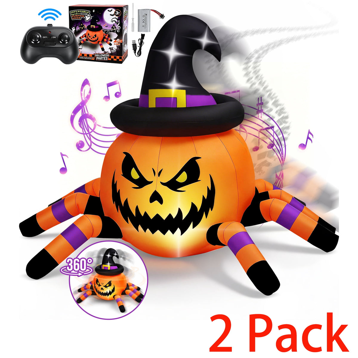 Witchwood™ (2 pack) 2.6ft Remote Control Halloween Inflatable with Music Lights,Pumpkin Spider Car Blow ups Rc Car,Indoor Outdoor Decorations