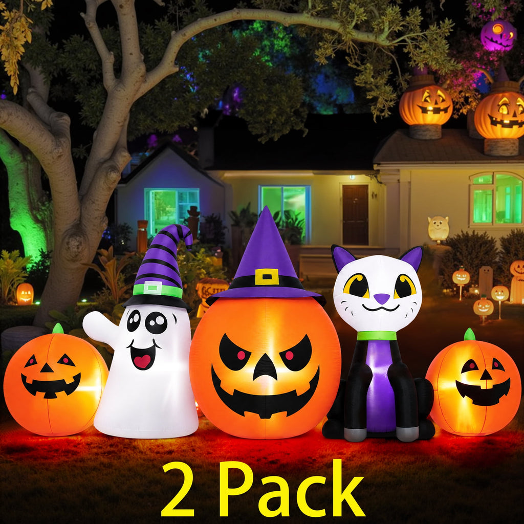 Witchwood™ (2 pack) 8FT Halloween Inflatable Pumpkins Ghost Cat with Lights,Blow ups Outdoor Decorations for Yard