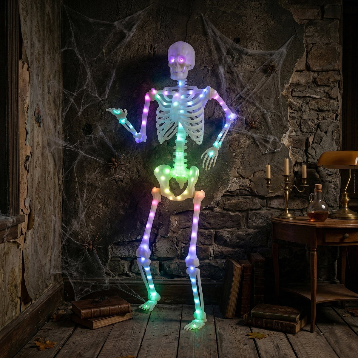 Witchwood™ 5-Foot Poseable Rainbow LED Illuminated Skeleton, Halloween Hanging Decoration