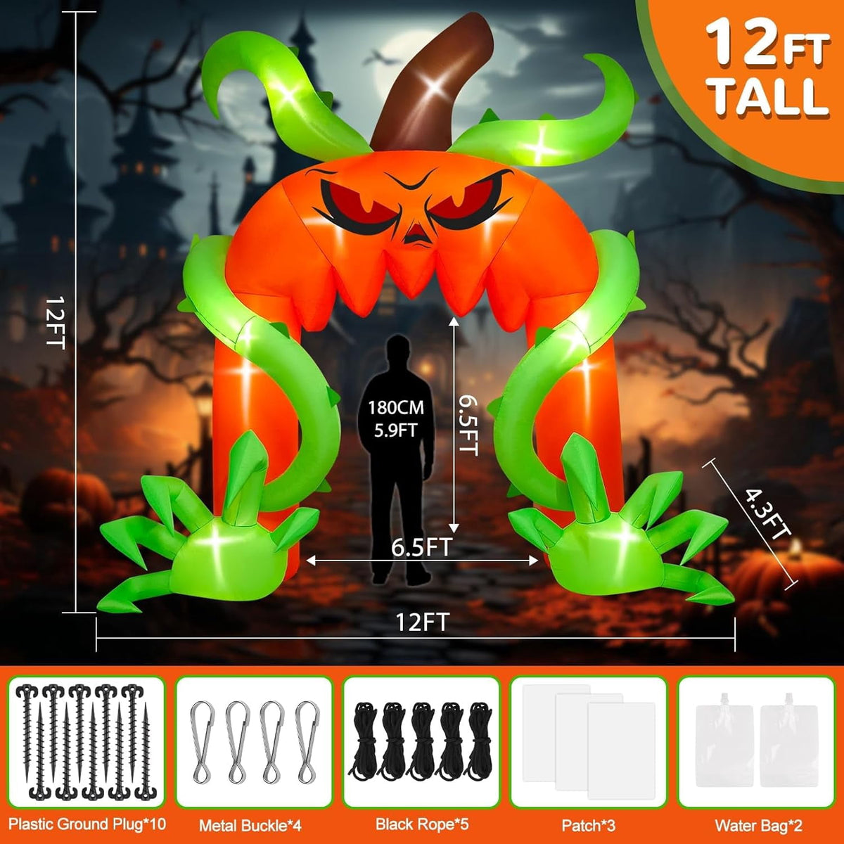 Witchwood™ 12FT Giant Halloween Pumpkin Arch Inflatable with LED Lights, Scary Blow-Up Decoration for Lawn, Garden, and Yard Holiday Party