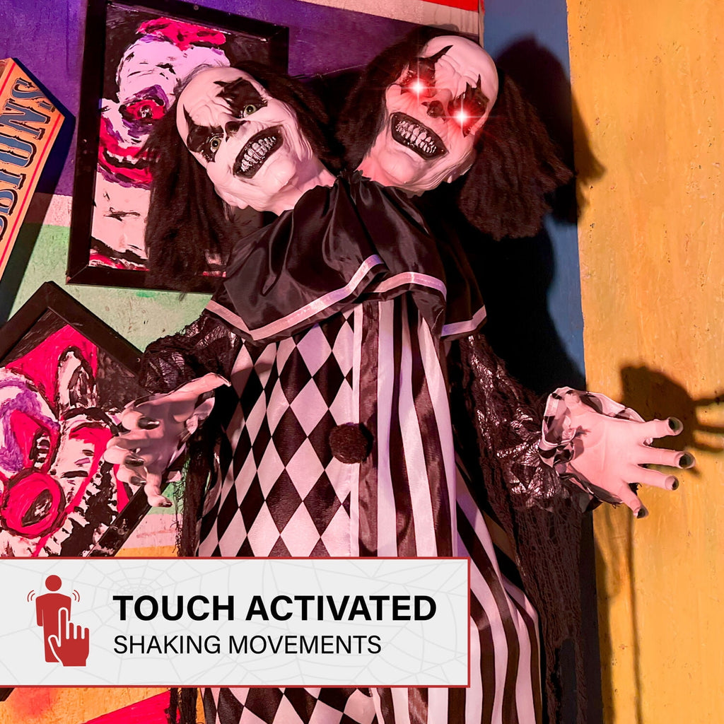 Witchwood™ Lifesize 5.5 ft Animatronic Two-Headed Clown with Lights and Sound, Indoor/Outdoor Halloween Decoration, HHCLOWN-37FLSA