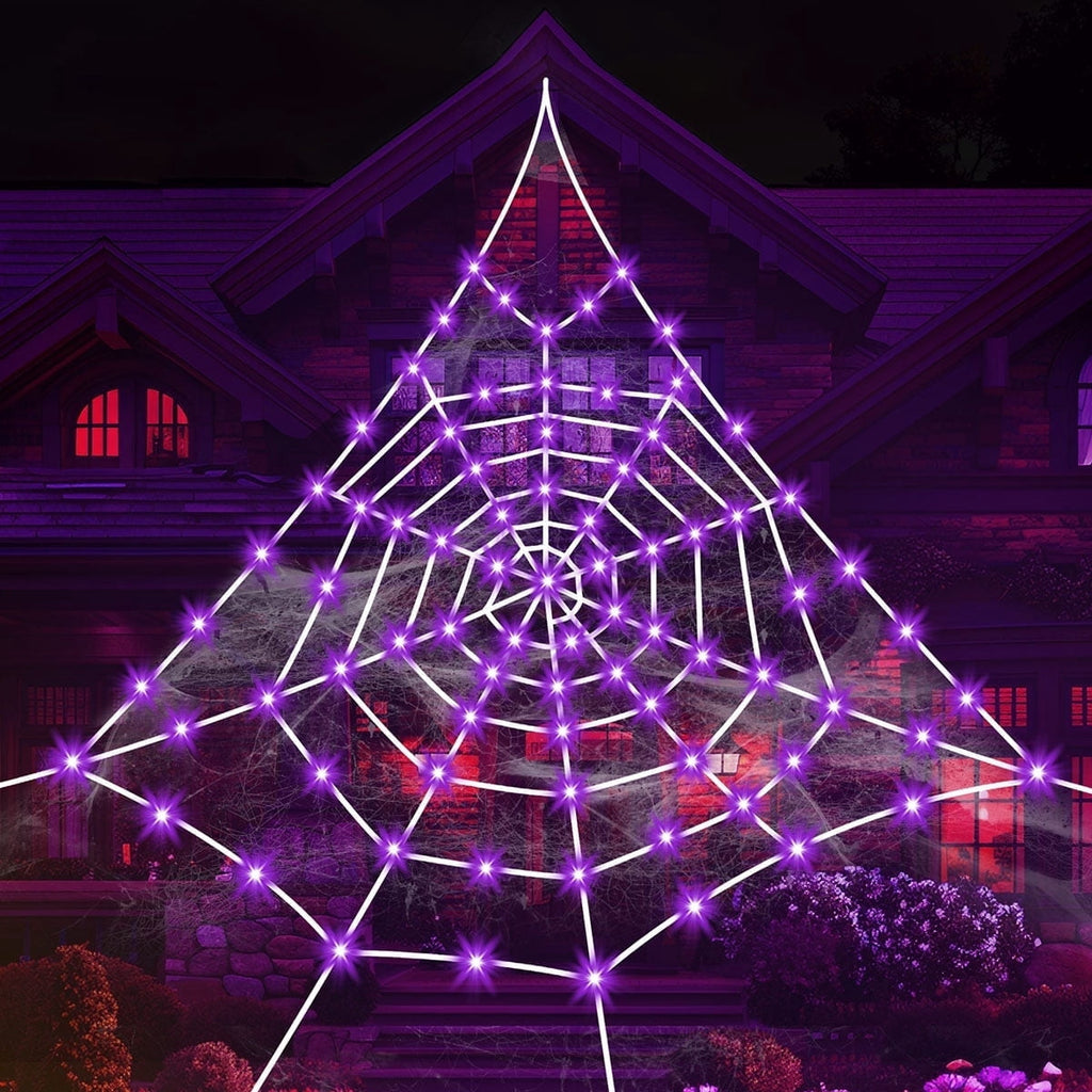 Witchwood™ HKKDKTA Halloween Spider Web Lights Decoration, 250 LED Giant Spider Web 16.4ft Light Up Halloween Web Lights for Yard, Porch Decor (Purple)
