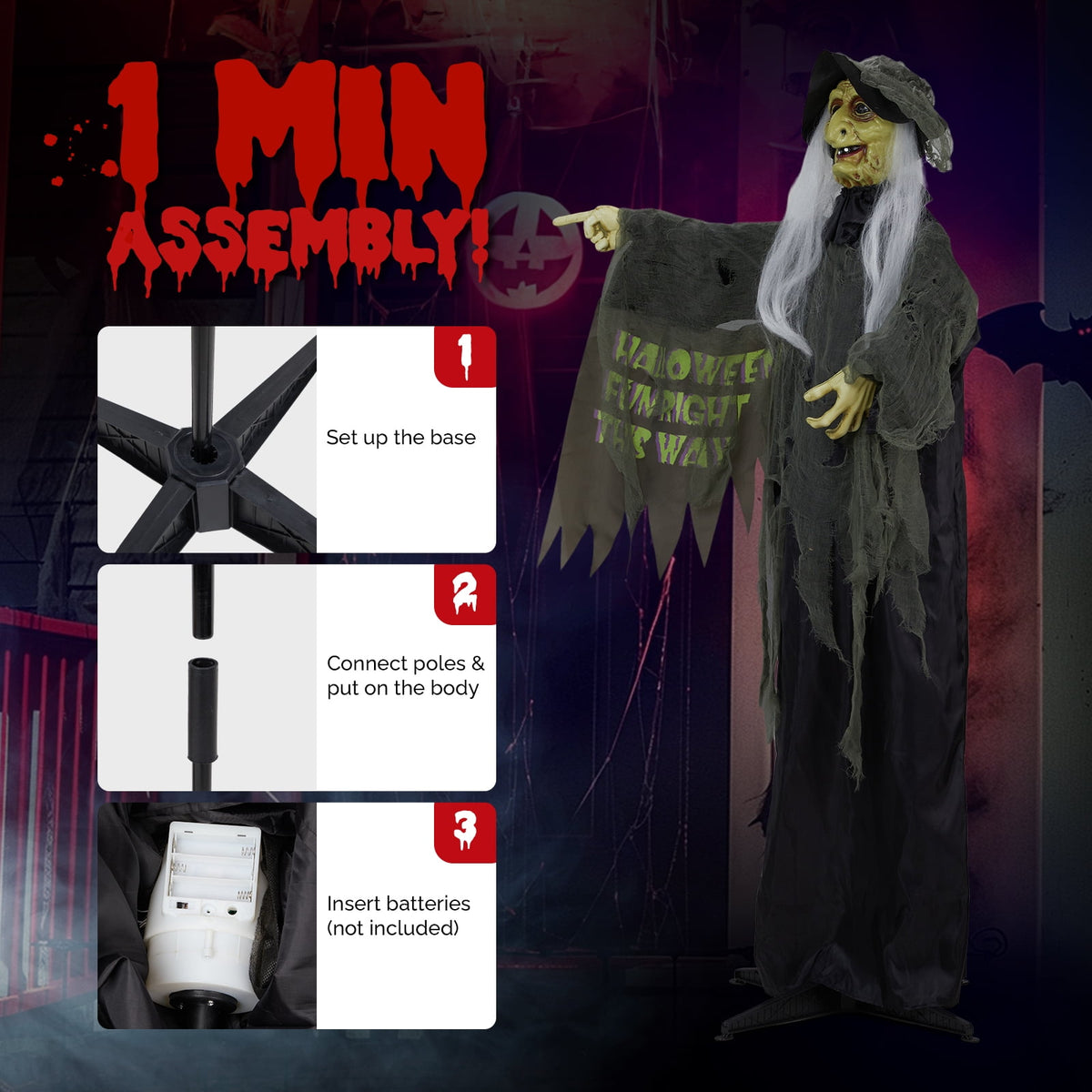 Witchwood™ 6FT Halloween Animatronic Witch Standing Outdoor Halloween Decoration w/ Red Eyes,Scary Sounds