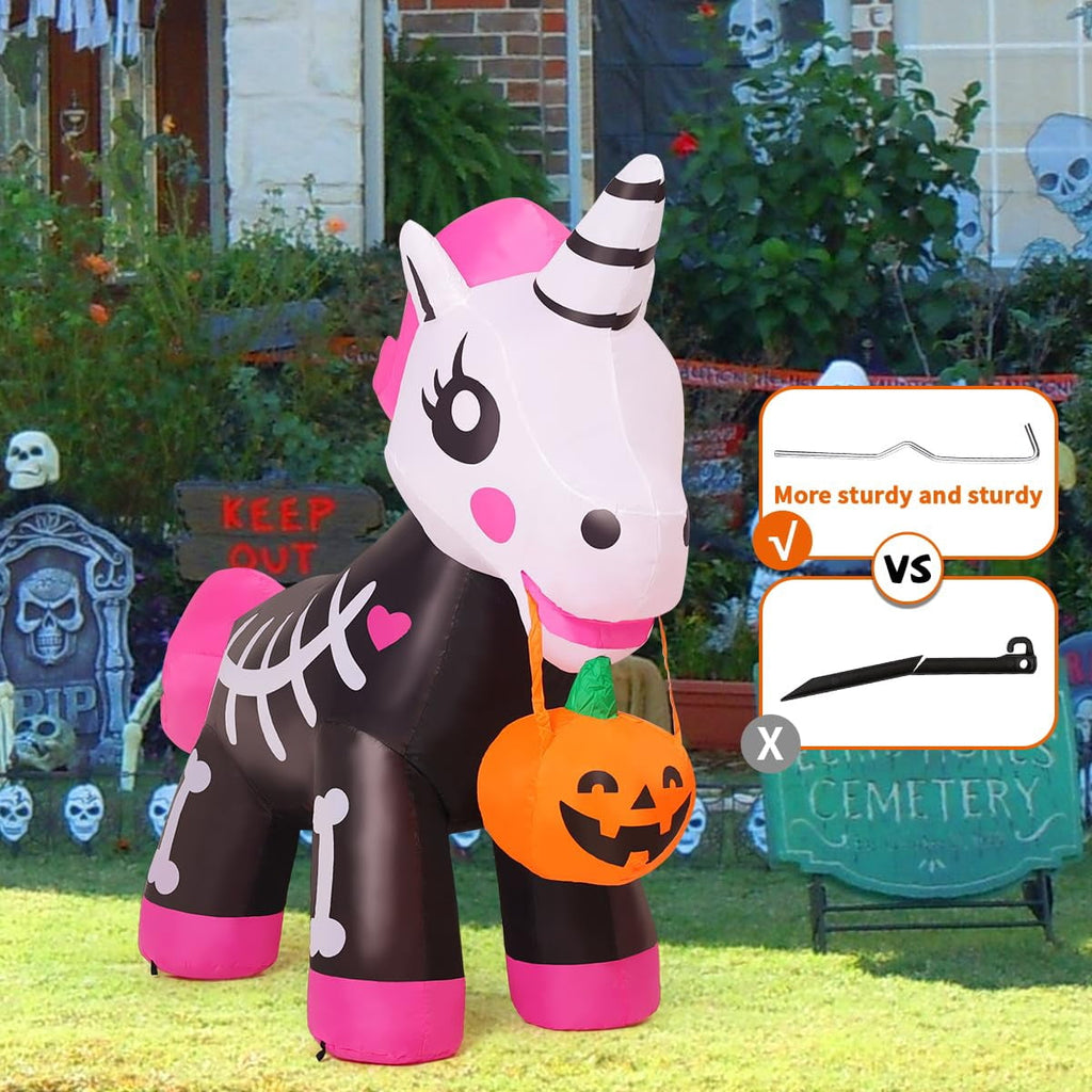 Witchwood™ COMIN 5 FT Halloween Inflatables Skeleton Unicorn Outdoor Decorations Blow Up Yard Pink Cute with Built-in LEDs for Indoor Party Garden Lawn Decor