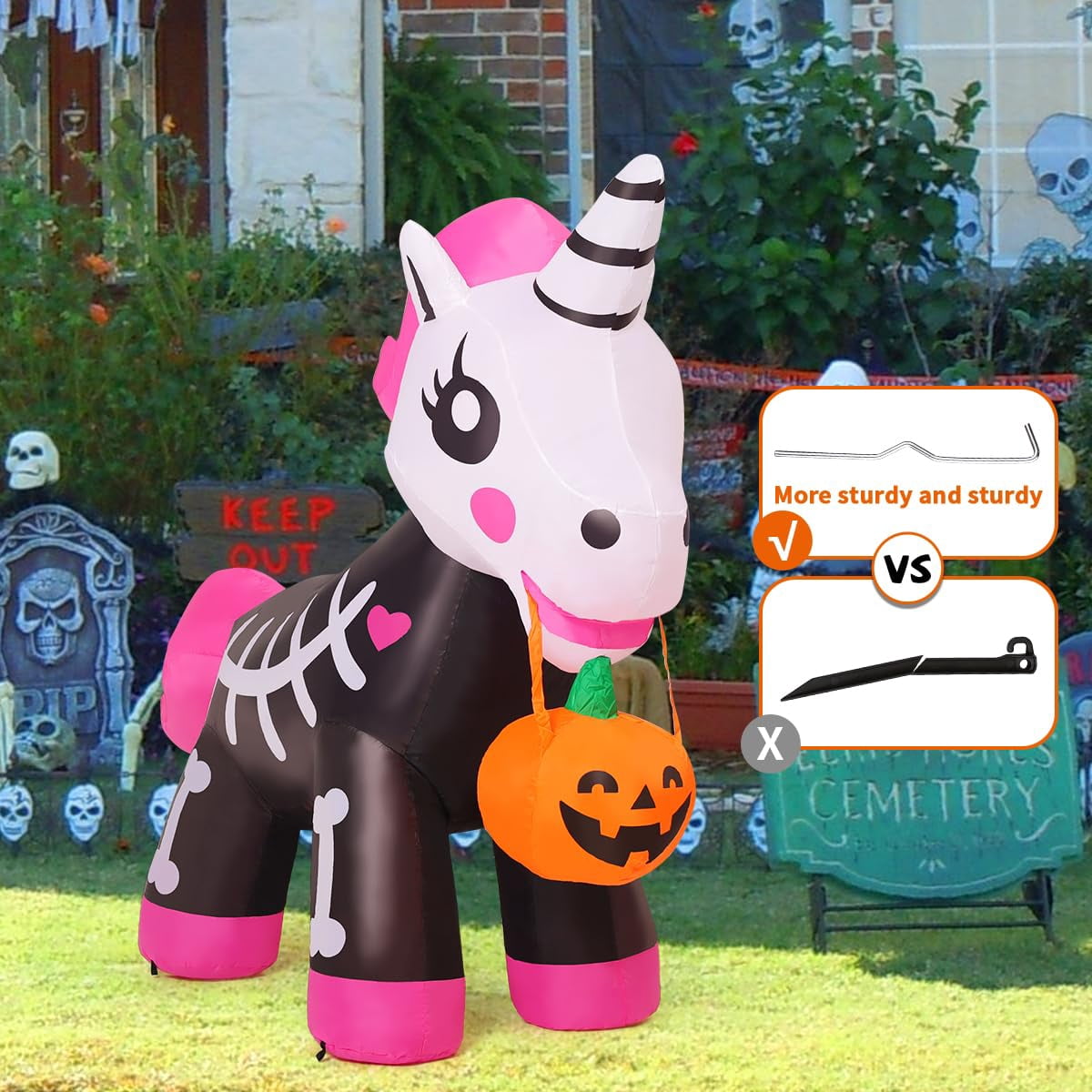 Witchwood™ COMIN 5 FT Halloween Inflatables Skeleton Unicorn Outdoor Decorations Blow Up Yard Pink Cute with Built-in LEDs for Indoor Party Garden Lawn Decor