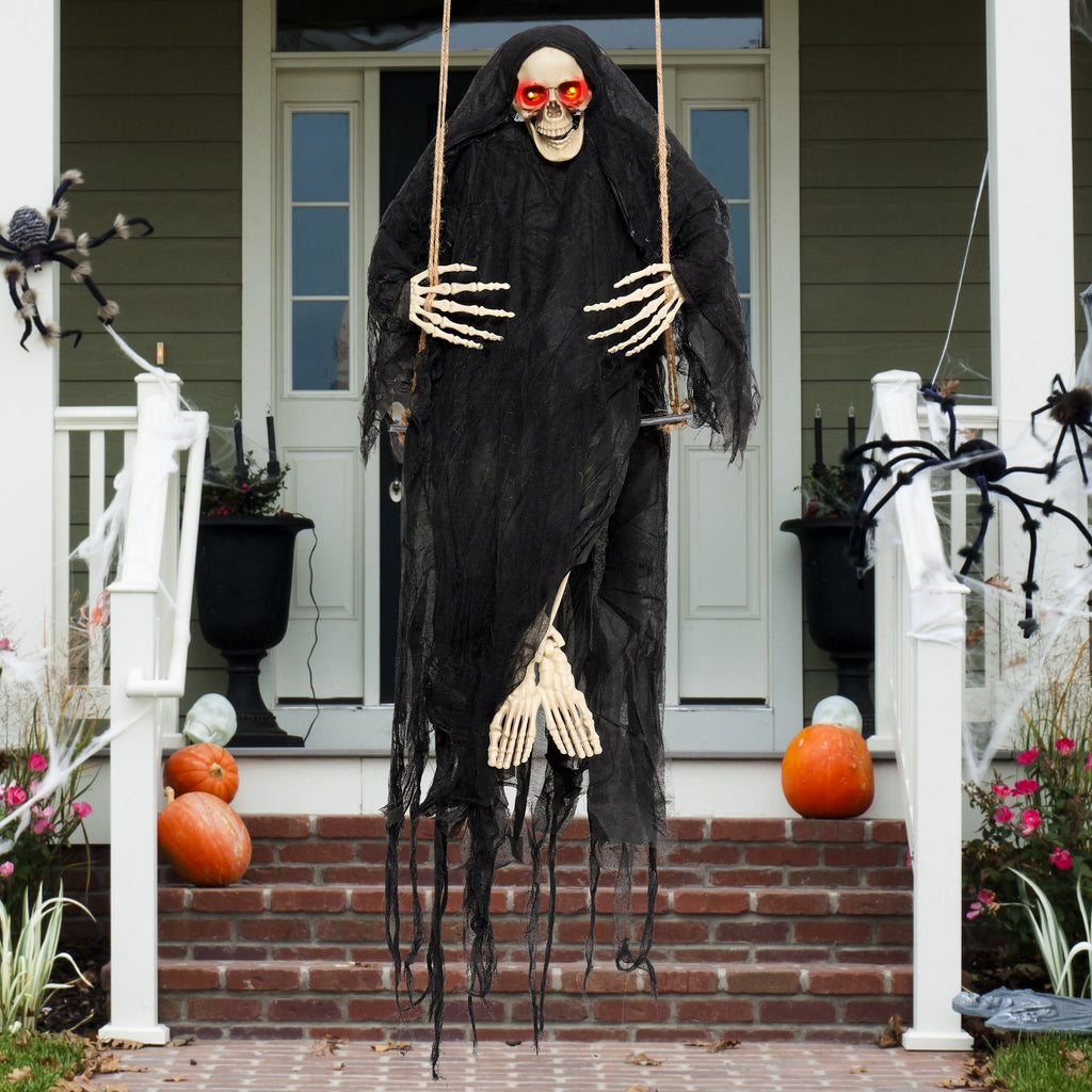 Witchwood™ 3 FT Halloween Hanging Swinging Skeleton,Light Up Creepy Grim Reaper with Black Hood Decorations for Halloween Hanging Decorations Indoor Outdoor Yard Home Decorations