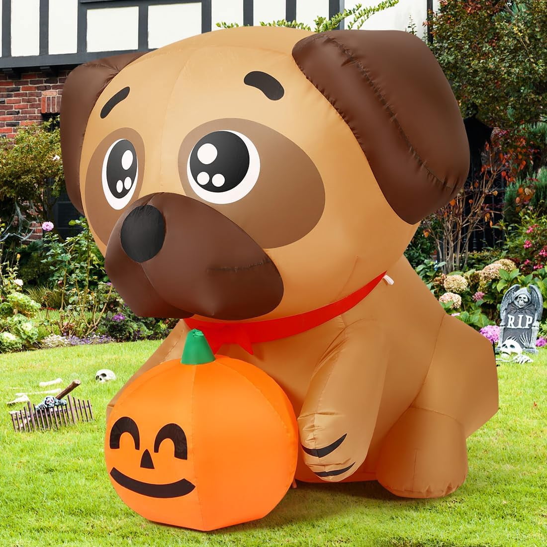 Witchwood™ COMIN 5 FT Halloween Inflatables Dog Outdoor Yard Decorations Blow Up Pug Holding Pumpkin with Built-in LEDs for Indoor Party Garden Lawn Decor