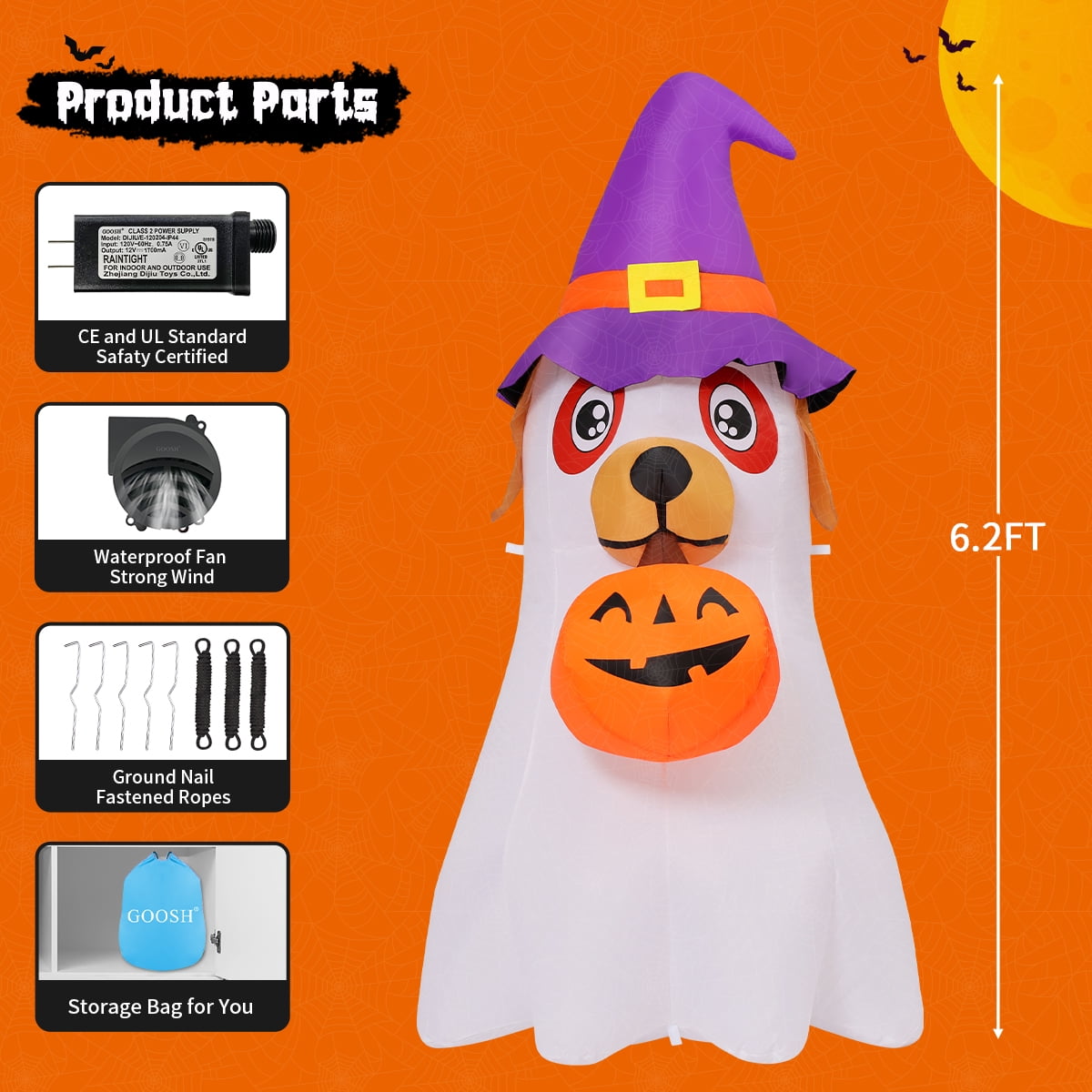Witchwood™ Halloween Inflatables 6 FT Inflatable Ghost Dog with Pumpkin in Mouth & Witch Hat, Halloween Ghost Dog Inflatables with LED Lights, Outdoor Halloween Decorations for Halloween Holiday Party