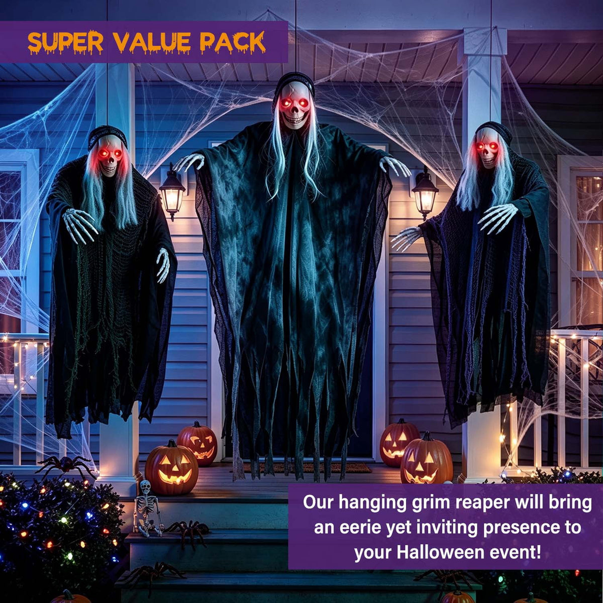 Witchwood™ 3 Pack Hanging Skeleton Ghosts for Halloween Decorations Outdoor, Grim Reaper for Halloween Decor