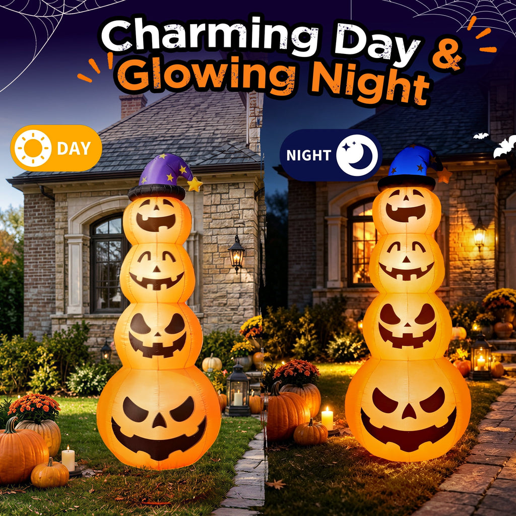 Witchwood™ 8ft Halloween Inflatable, Stacked Pumpkins with Witch Hat and Built-in LED Lights, Outdoor Blow up Yard Decor for Lawn, Garden, Porch and Halloween Party, Orange