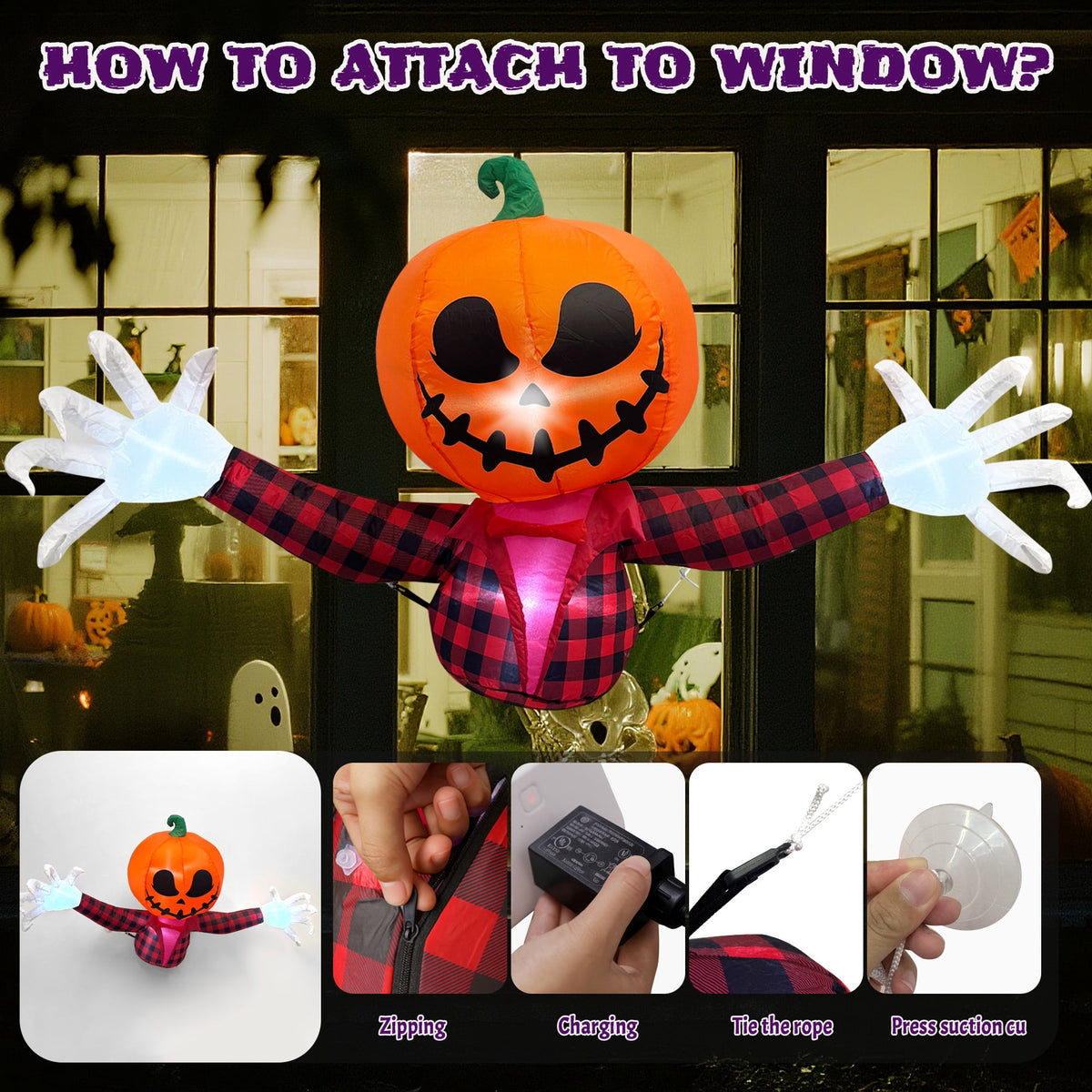 Witchwood™ 5 FT Halloween Inflatable Pumpkin Ghost ? Outdoor LED Blow-Up Decoration with Giant Arms, Light-Up Eyes, Waterproof Yard Decor for Lawn and Garden