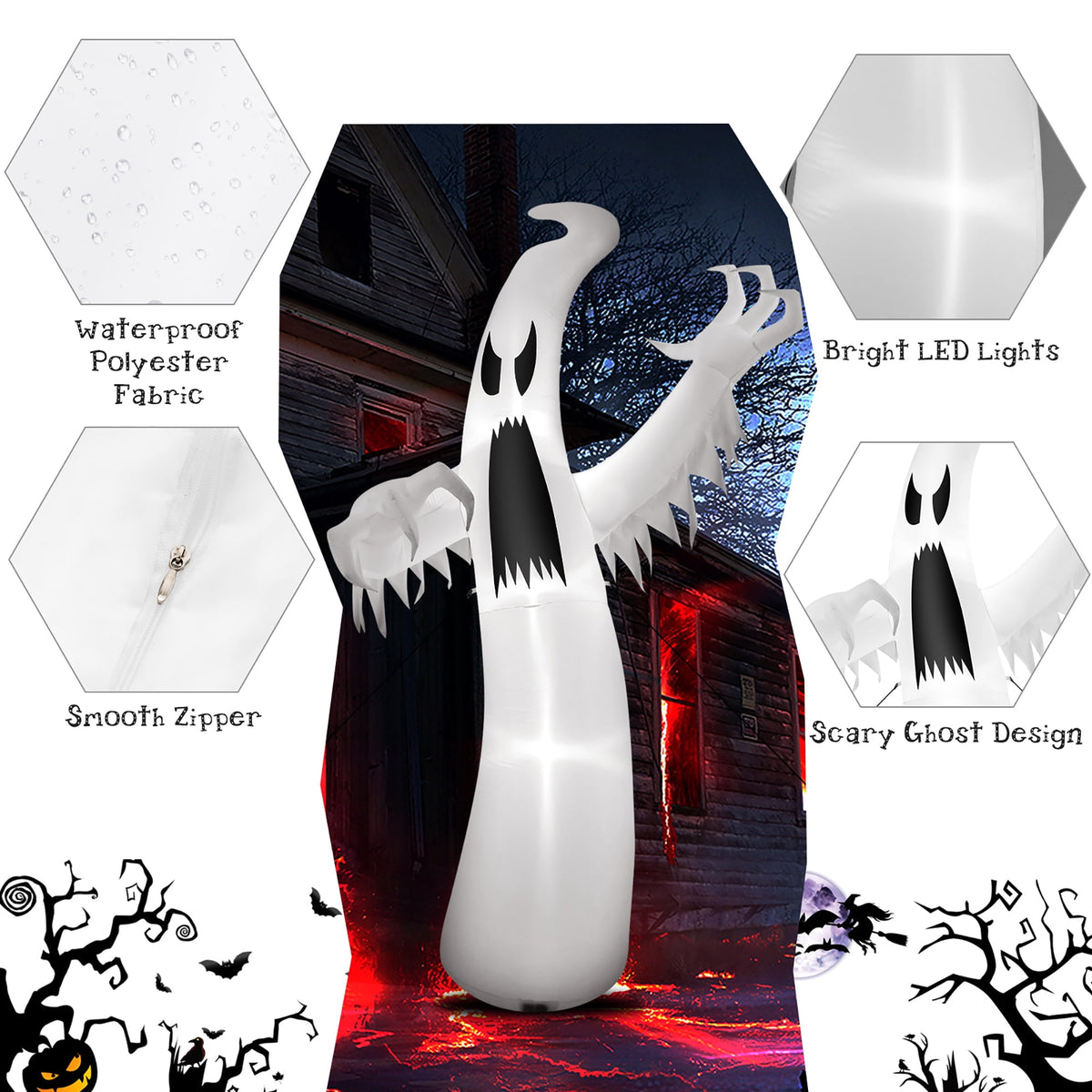 Witchwood™ Costway 12ft Halloween Inflatable Ghost Quick Blow up w/LED Lights Outdoor Yard Scary Decoration