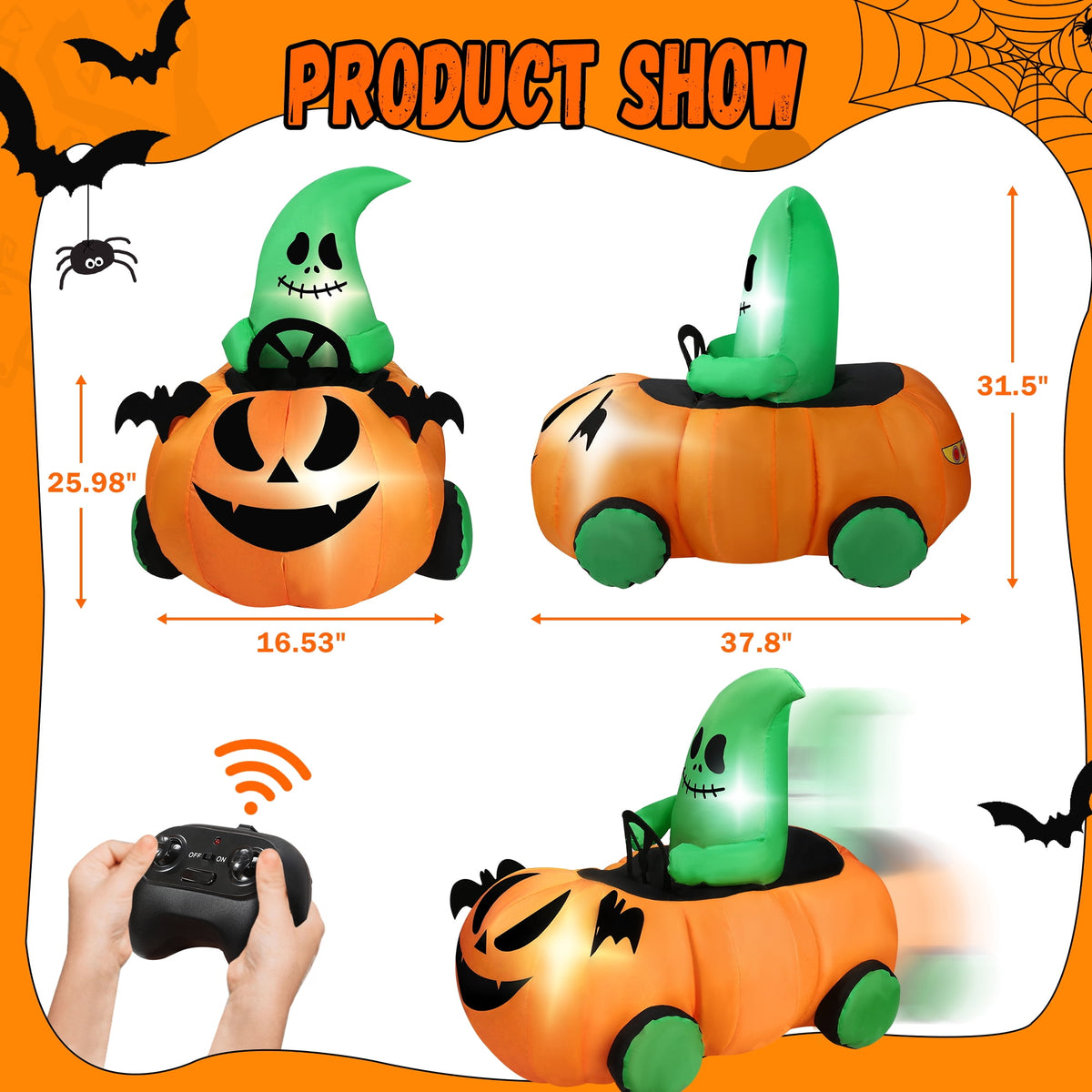Witchwood™ (2 pack) 2.6ft Halloween Inflatable with Music and Lights,Remote Control Pumpkin Ghost Car,Blow ups Rc Car,Indoor Outdoor,Orange Green