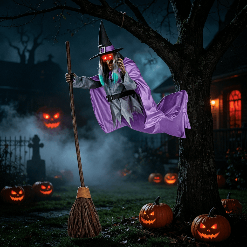 Witchwood™ Witch Decorations Halloween 6 FT Scary Flying Witch Decorations Animatronics Halloween Props with Scary Sounds and Lights Decorations for Outside Indoor Garden Yard