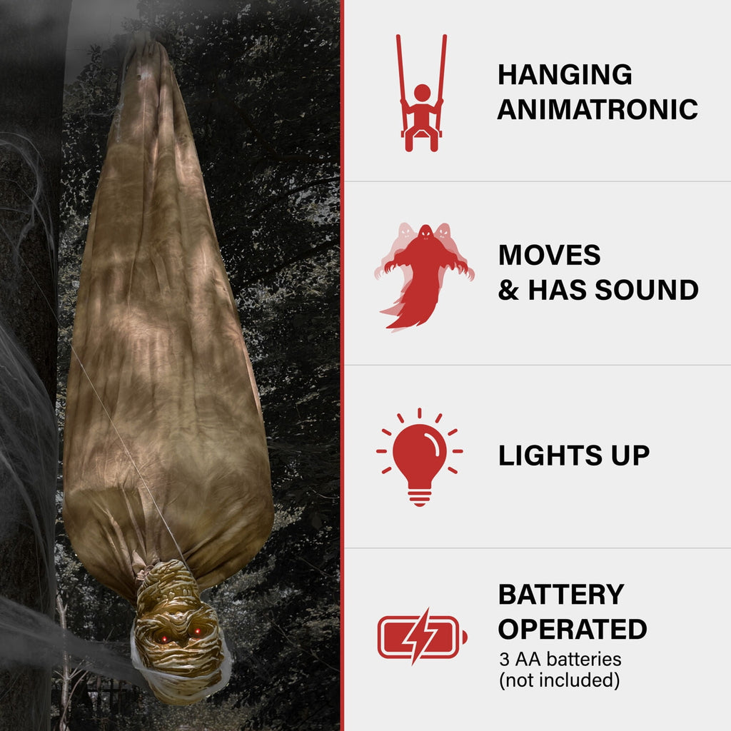 Witchwood™ 5 ft Animatronic Upside-Down Shaking Mummy with Sounds and Light-Up Eyes for Scary Halloween Decoration, HHSKEL-8HLSA