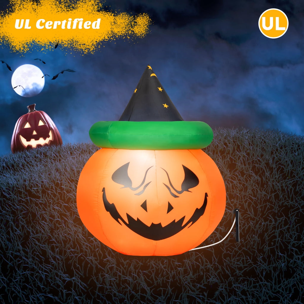 Witchwood™ Patiojoy Halloween Decoration 4 Ft Blow-up Inflatable Pumpkin With Witch Hat LED Bulbs Yard