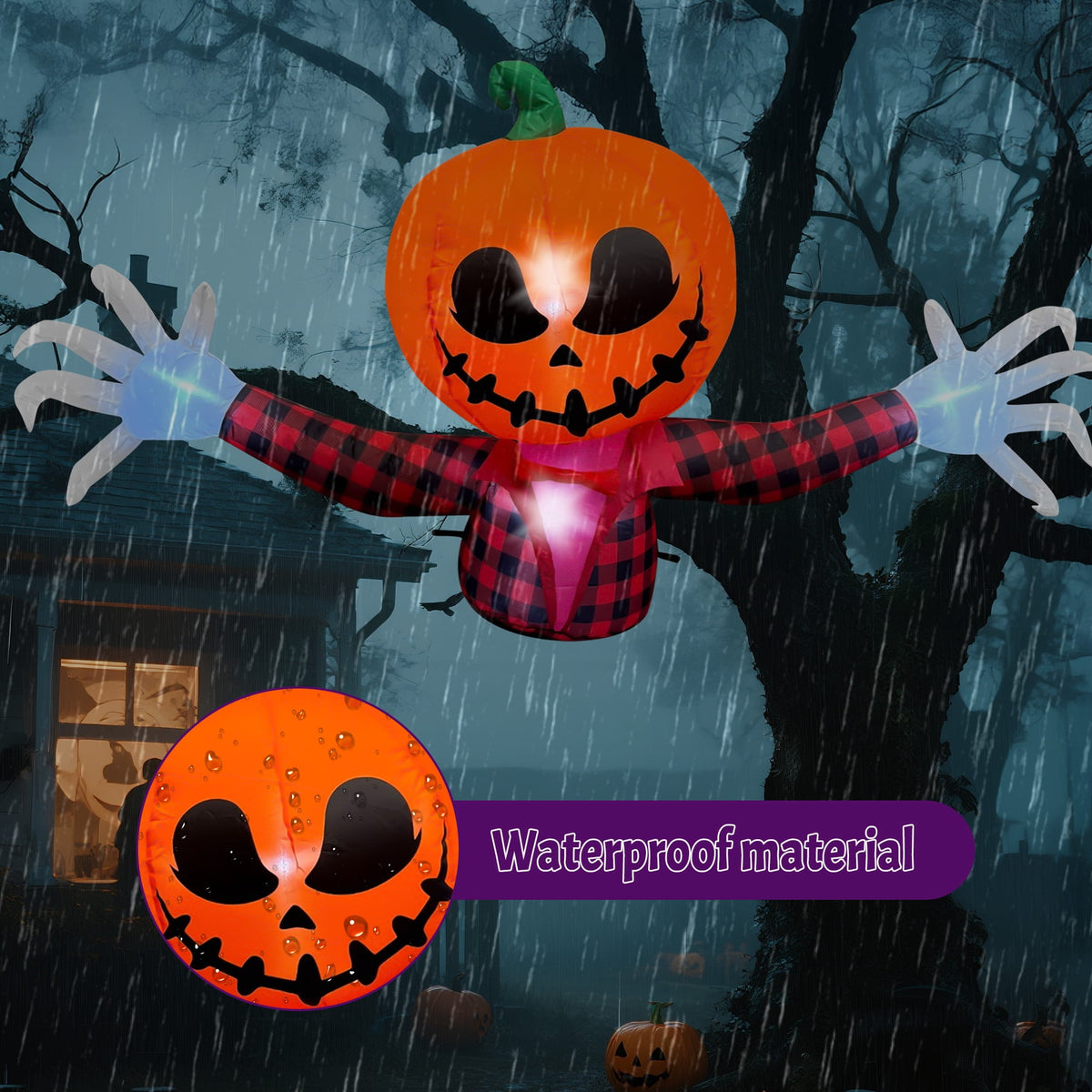 Witchwood™ 5 FT Halloween Inflatable Pumpkin Ghost ? Outdoor LED Blow-Up Decoration with Giant Arms, Light-Up Eyes, Waterproof Yard Decor for Lawn and Garden