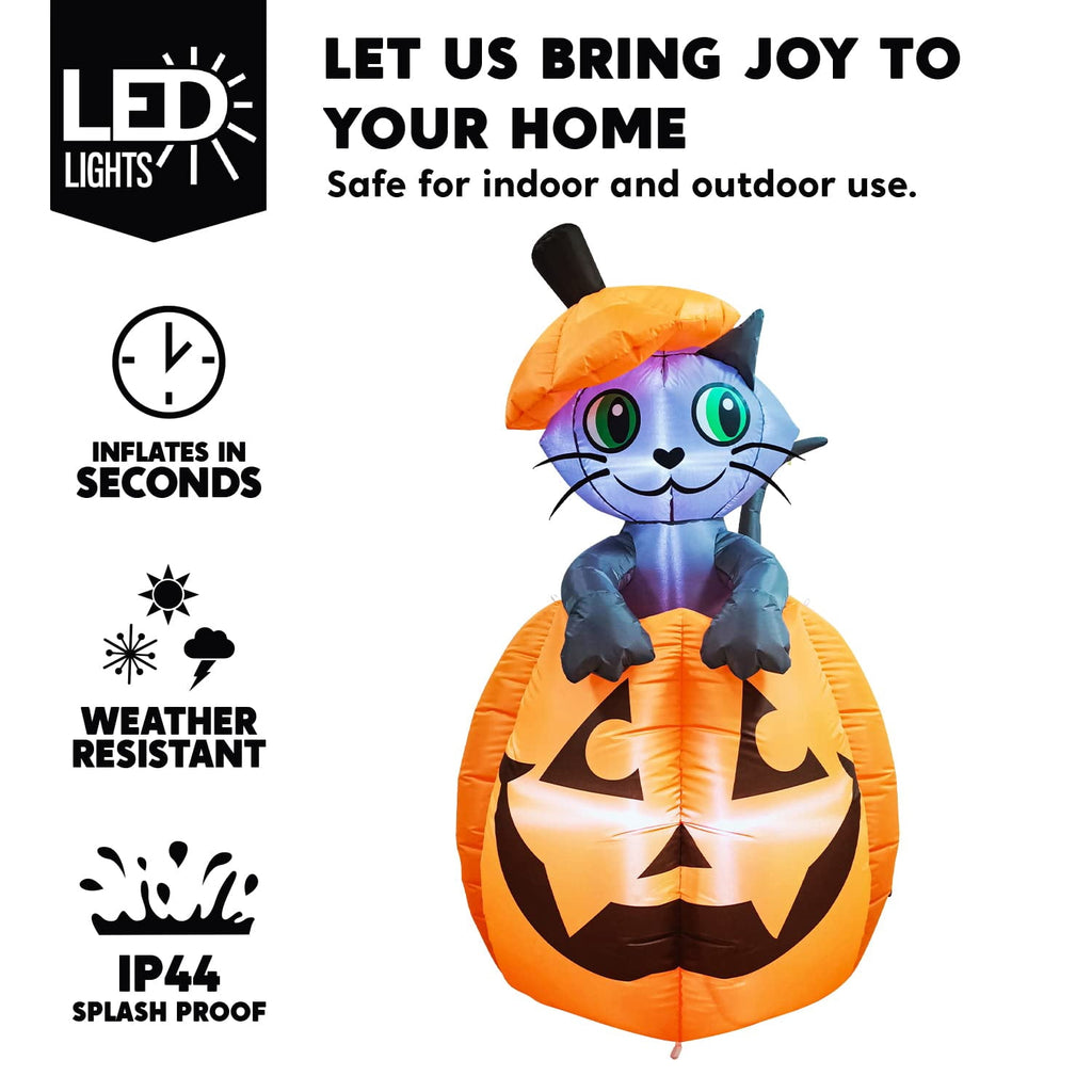 Witchwood™ 5 ft Halloween Inflatable Animated Cat on Pumpkin,Halloween Outdoor Decoration with LED Lights,Blow Up Decoration for Yard & Lawn,Party